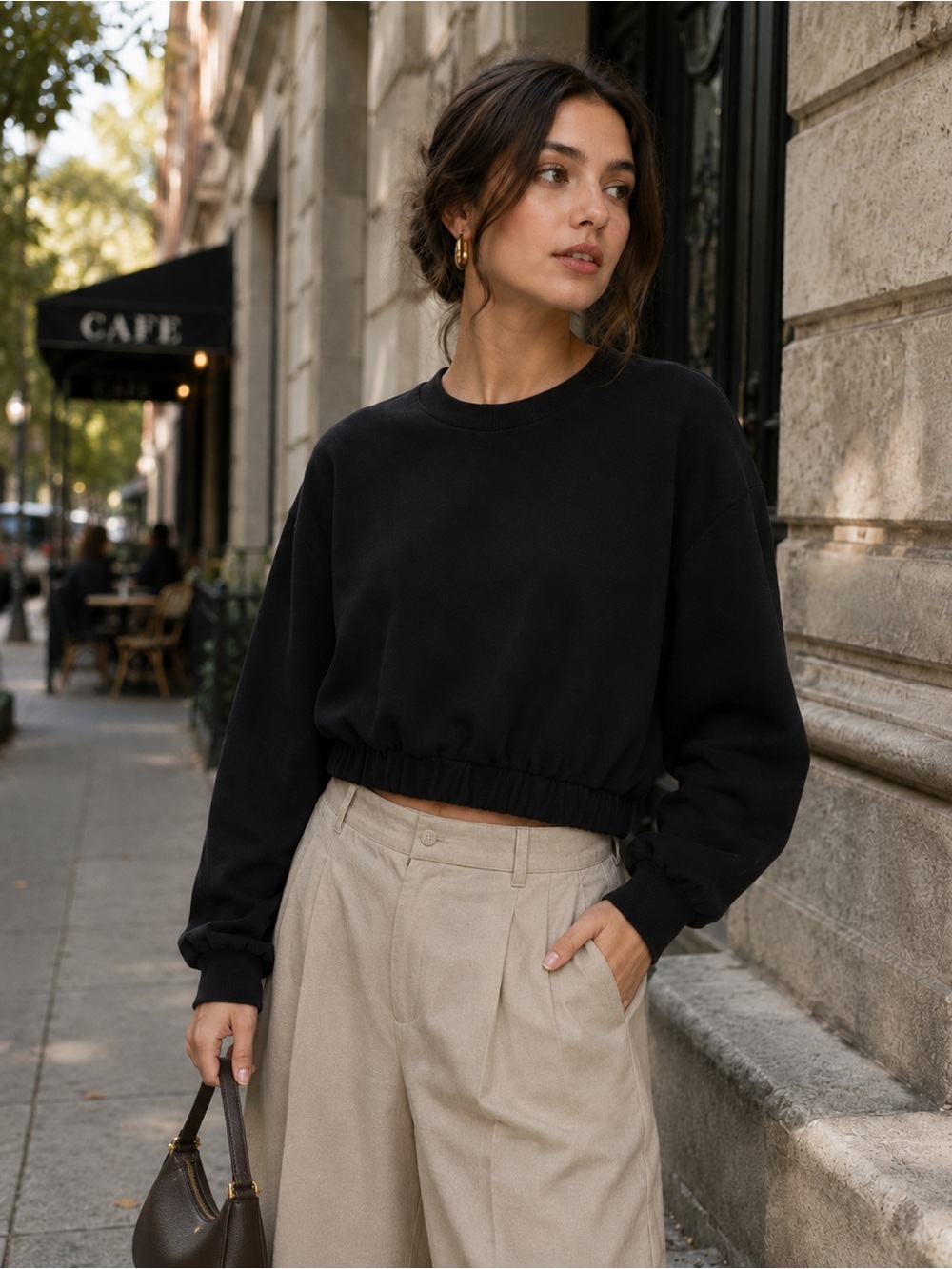 Zara Cropped Gathered Waist Dolman Sleeve Sweatshirt Top in Black, Size S